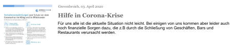 Grevenbroich, 03. April 2020 Hilfe in Corona-Krise Für uns alle ist die aktuelle Situation nicht leicht. Bei einigen von uns kommen aber leider auch noch finanzielle Sorgen dazu, die z.B durch die Schließung von Geschäften, Bars und Restaurants verursacht werden.